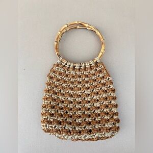 Crochet/Macramé Purse Handbag Brown Beige Bamboo Handle Casual Woven Vintage